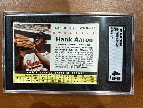 Hank Aaron 1961 Post Cereal #107 SGC 4 🔥🔥 Braves