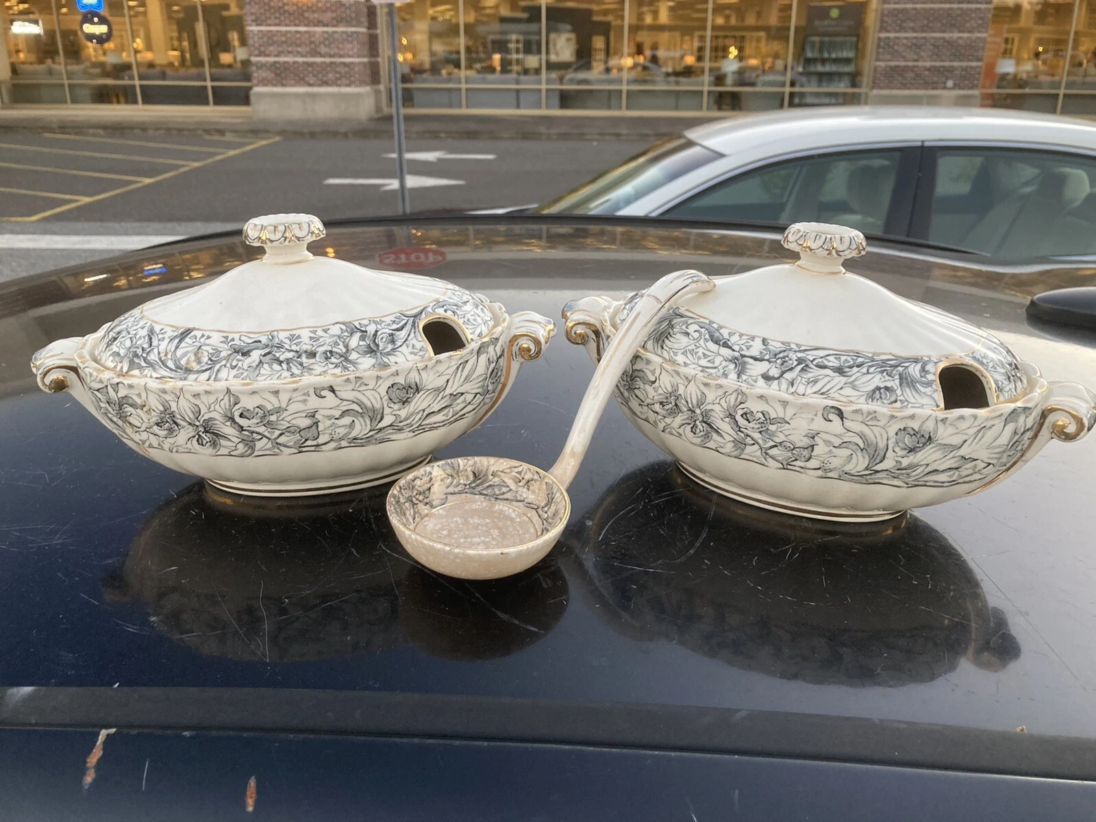 Set 2 Ironstone Sauce Tureens & Ladle Doulton Burslem Orchid Gray & Cream