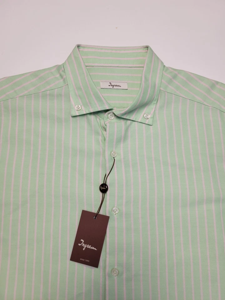 $175 New INGRAM Button Sport Shirt Men's LARGE L Cotton GREEN Striped ITALY Made - Image 3 of 4
