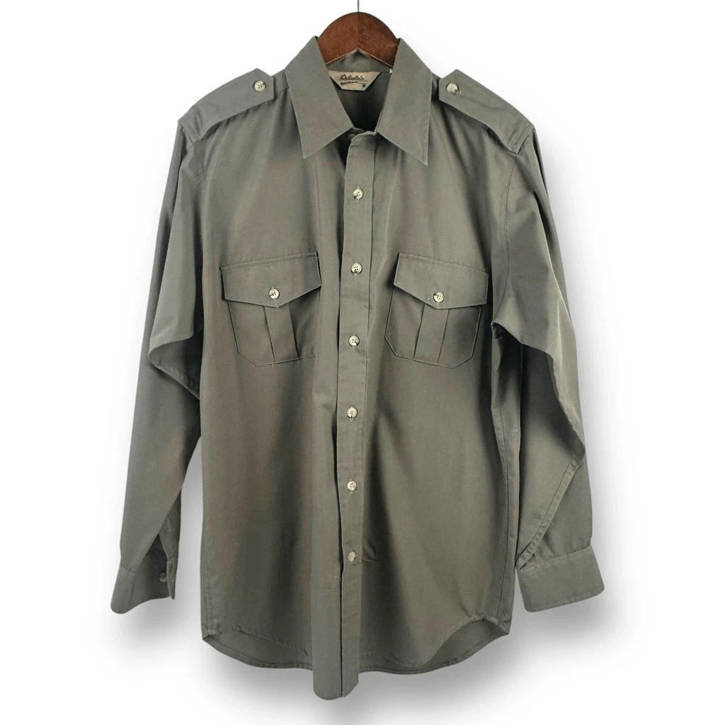 Cabela's Men's L Long Sleeve Button Down Olive Green Pocket Front Camp Shirt