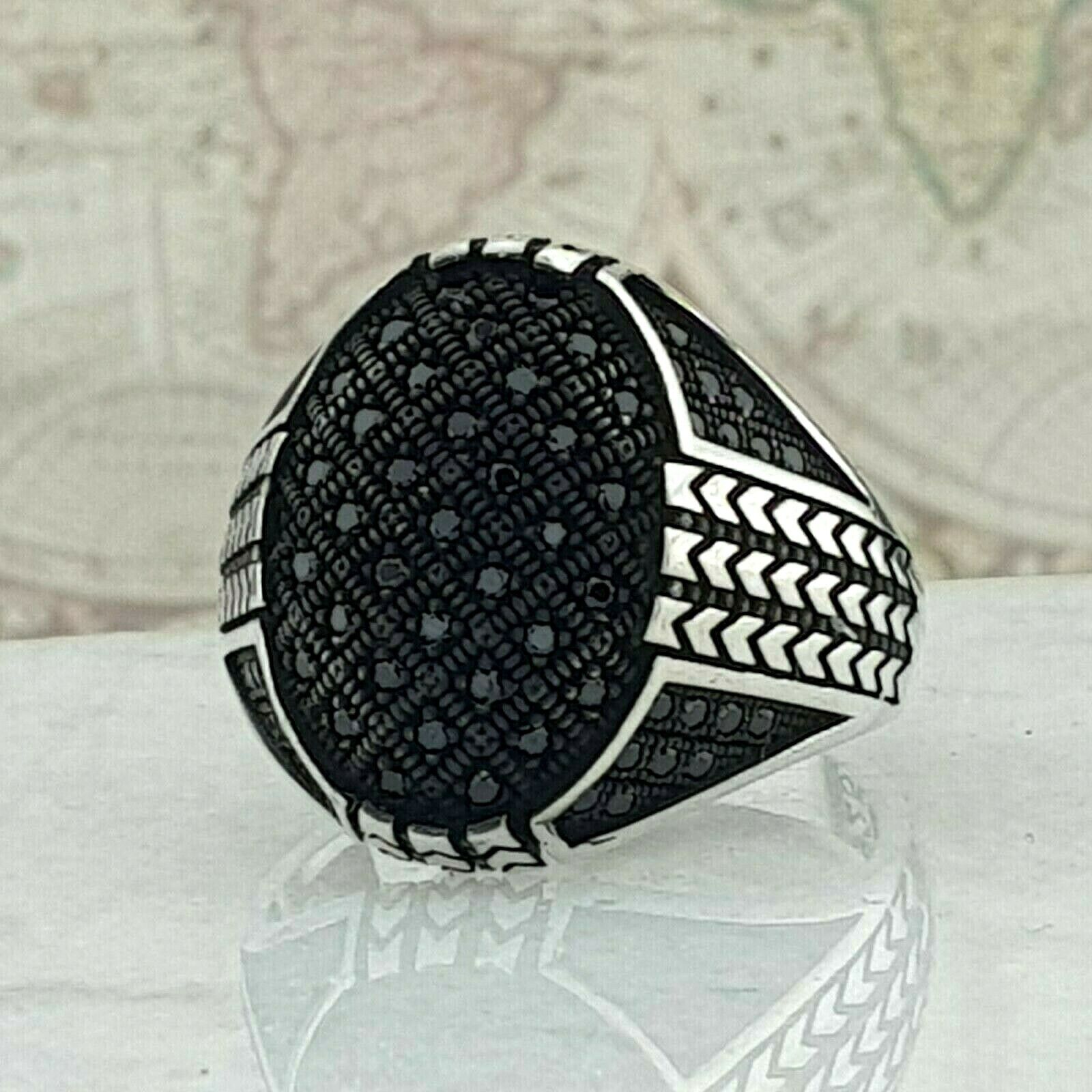 Solid 925 Sterling Silver Men Ring Black Agate Gemstone Handmade Ottoman Style 