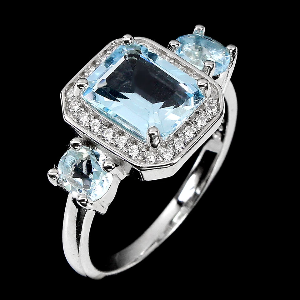 925 Anello Argento Sterling Ottagono Topazio Blu 9x7mm Gemma Gioielli Misura 6 - Immagine 2 di 4