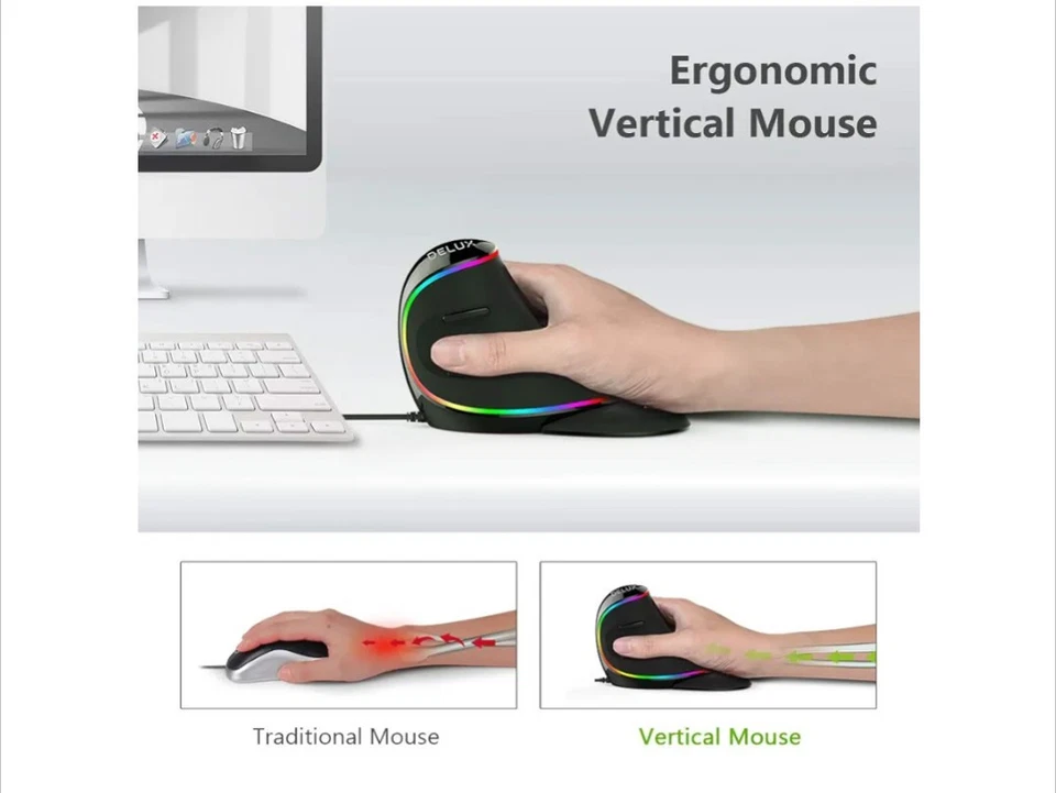 DeLUX Wired Ergonomic Mouse, Large Vertical Mouse, RGB Backlit, 12800 DPI - Image 3 of 4