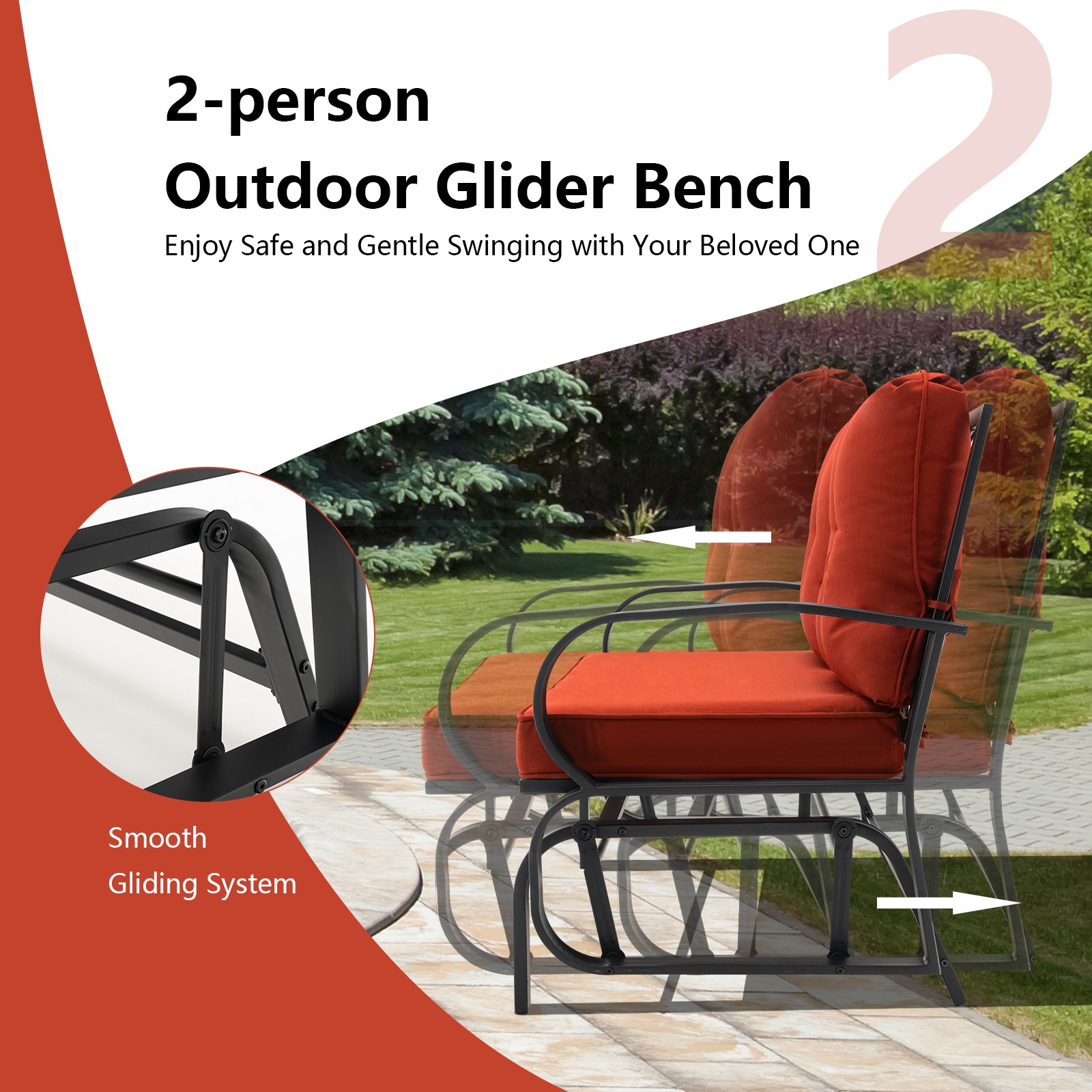 2-Person Outdoor Glider Bench Porch Rocking Loveseat w/ Cushions Brick Red