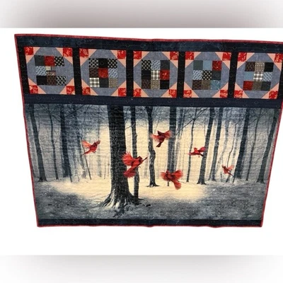 Handmade Quilted Colorblock Throw Cardinals In the Woods Trees Navy Red 52x44” - Image 1 of 4