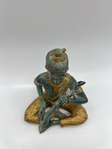 Vintage Bronze Rattanasokin Thai Buddhist Prince Musician Figurine w Lute 5.5" T - Picture 4 of 8
