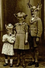 Pre-AI fantasy photo of children with animal heads Halloween 2024 4x6 reprint