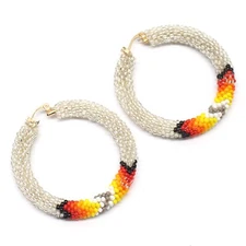 Handmade beaded 2 inch Silver color Native style Hoop earrings