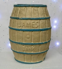 Vintage James Bank • Atlantic City Saltwater Taffy Barrel Paper Mâché Clown Bank