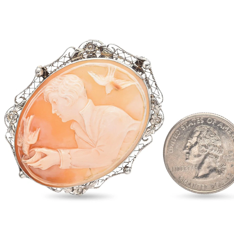 Antiguo broche colgante camafeo cazador de pájaros de oro blanco Foto 2 de 4