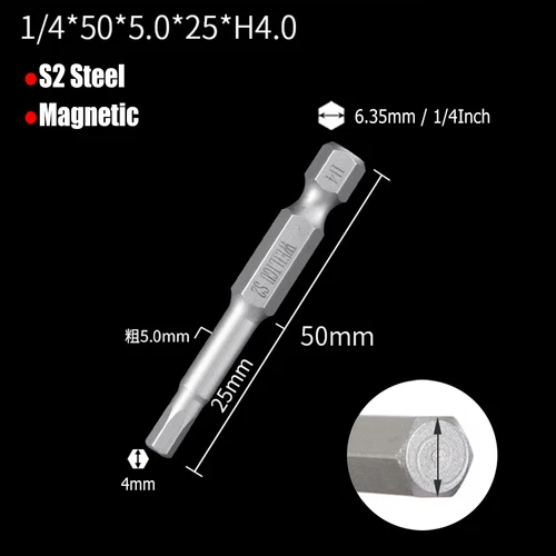 H0.9 to H14 Hexagon Magnetic Bit Socket Wrenches S2 Steel 1/4" for Hexagon Bolts - Picture 17 of 30