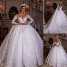 Shiny Pearl Wedding Dresses Off Shoulder Long Sleeved Lace Applique Bridal Gowns
