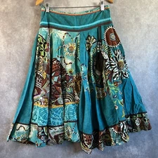 Julie G. Artsy Full Circle Womens Skirt Size Medium Teal Blue w/ Floral & Tassel