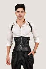 Black Under Bust Corset Men with Shoulder Harness Steampunk Waist Cincher
