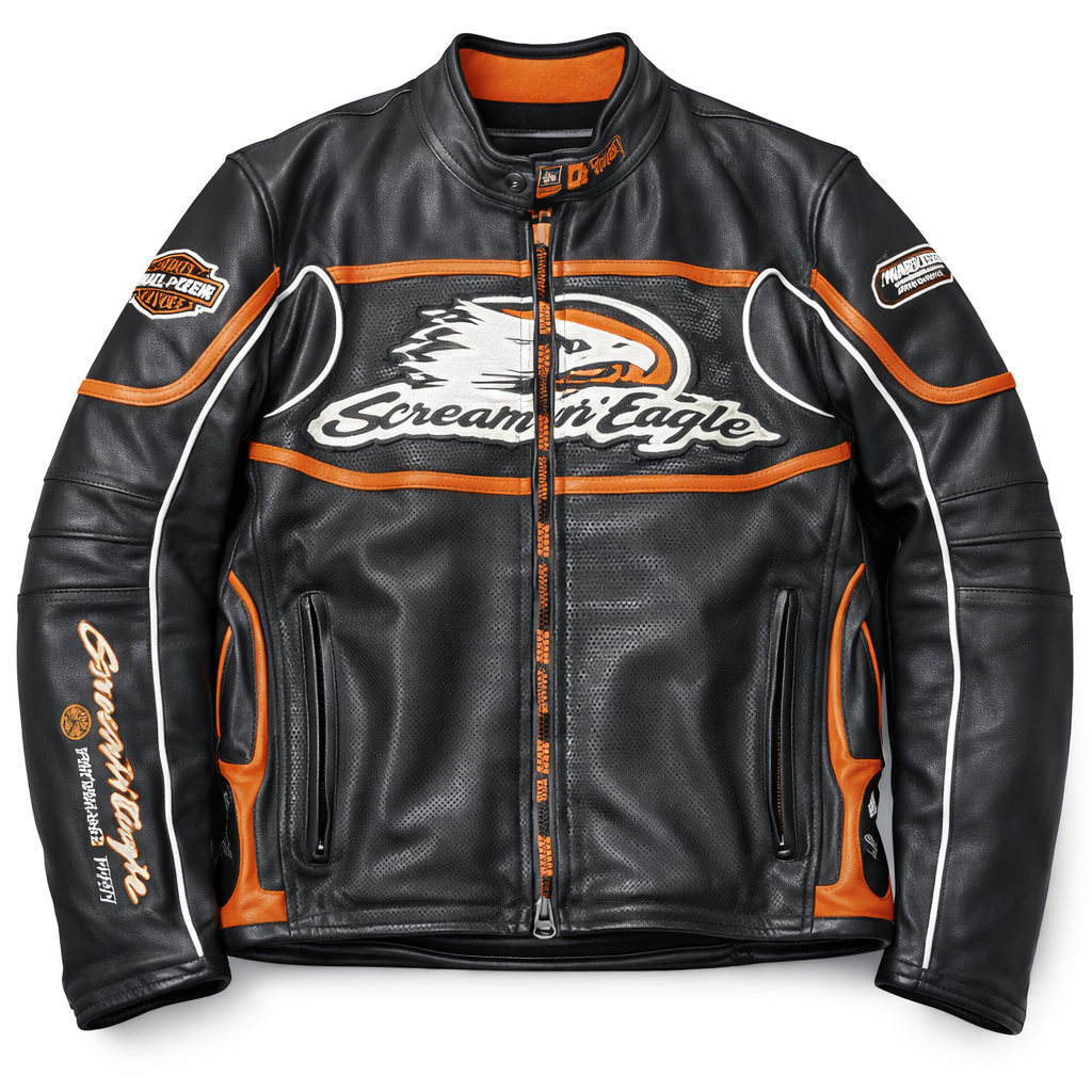 Harley Davidson Screamin Eagle Leather Jacket Men Black Orange