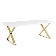 Modway Sector 87" Wood & Stainless Steel Cross Base Dining Table in White/Gold
