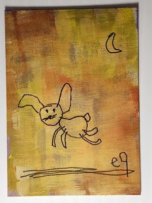 e9Art ACEO bunny at night outsider art brut naive