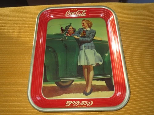 Vintage 1942 Coca Cola Advertising Serving Tin Tray Two Girls at Car Roadster