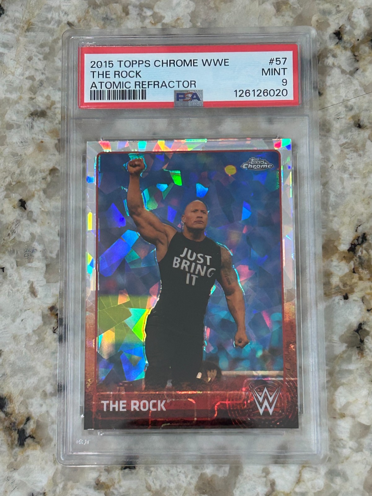 The Rock 2015 Topps Chrome WWE Atomic Refractor PSA 9