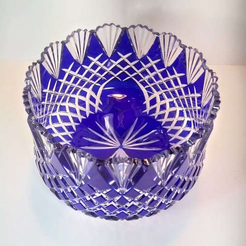 Bohemian Cobalt Blue Cut To Clear Crystal 9.5"x 6 3/4" Sawtooth 3 Footed Bowl - Picture 20 of 24
