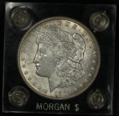 1921-S MORGAN SILVER DOLLAR LUSTROUS AU/UNC + "MORGAN $" CAPITAL PLASTICS HOLDER