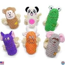 Cute Animal Squeak Dog Toys, No Stuffing Plush, Durable Rope Chew, 6 Pack