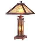 EARLE Tiffany-style Mission 3 Light Double Lit Wooden Table Lamp 15" Shade