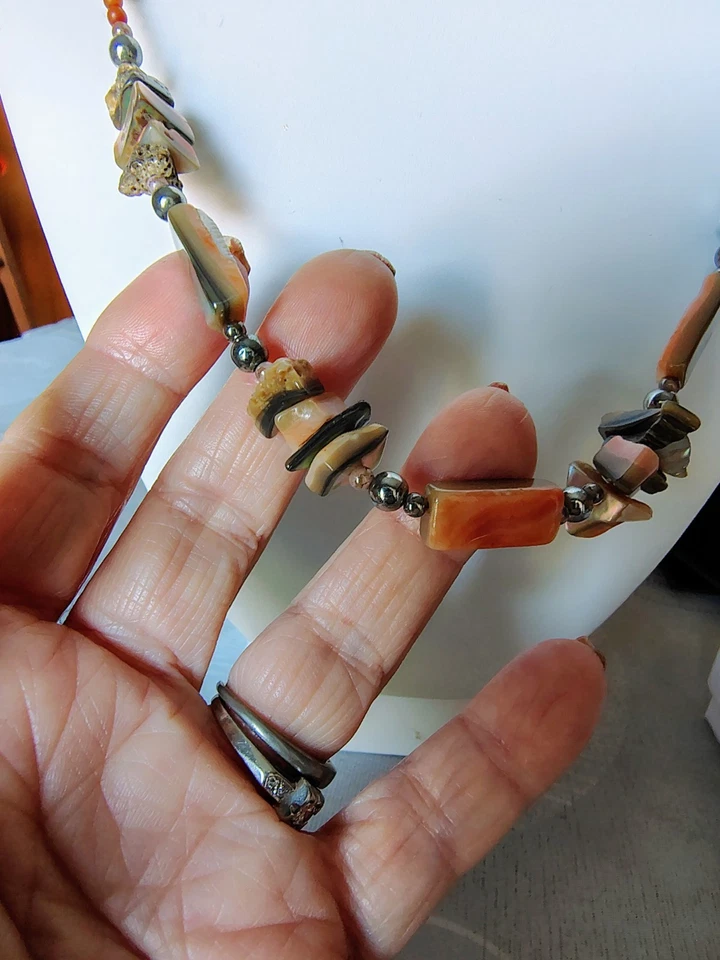 Collar Vintage Jaspe Coral Hematita Abulón 24" Piedra Natural Boho Joyería Foto 2 de 4