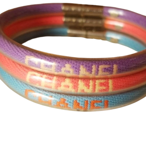 CHANEL Vinyl Bangle Bracelet Set of 3 Purple x Pink x Blue Gold