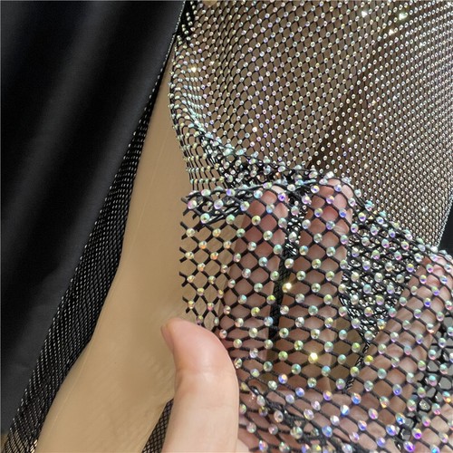 Womens See Through Rhinestone Glitter Side Slit Dress Party Long Fishnet Dress - Picture 14 of 18