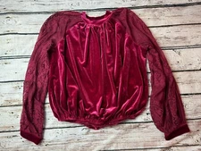 Free People Dark Pink Velour Blouse Lace Sleeves Small Fairy Boho Romantic Top