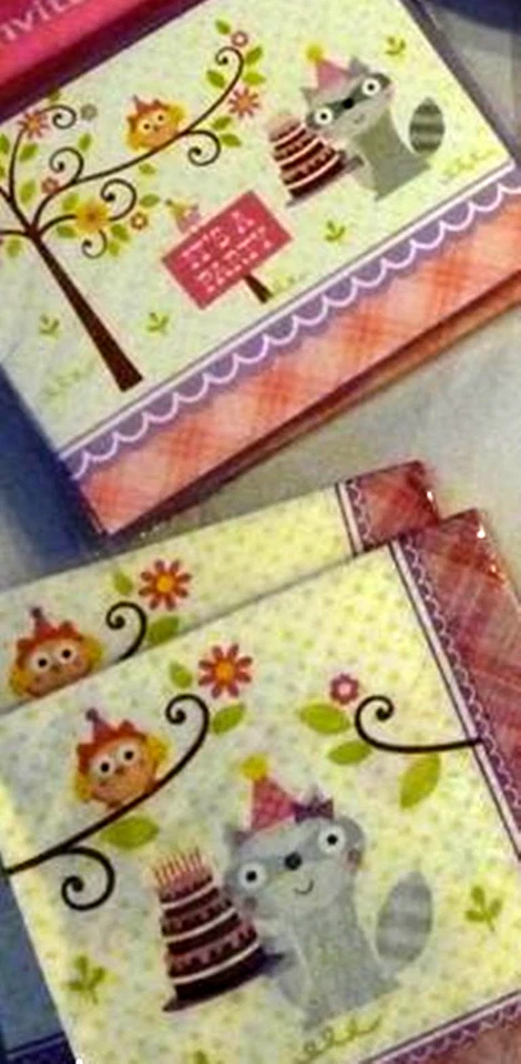 Suministros de fiesta de cumpleaños mapache vajilla sirve 16 niñas rosa Happi Woodland Foto 2 de 2