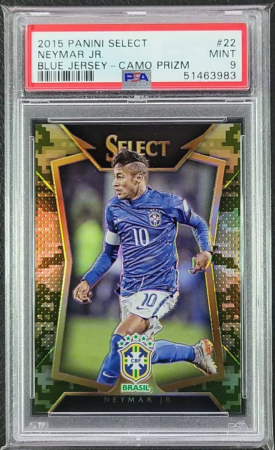 2015 Panini Select #22 Neymar Jr. Blue Jersey Camo Prizm 019/249 PSA 9 MINT