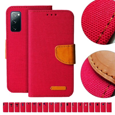 Handy Tasche Rot Flip Cover Case Schutz Hülle Etui Jeans Canvas Stoff Wallet