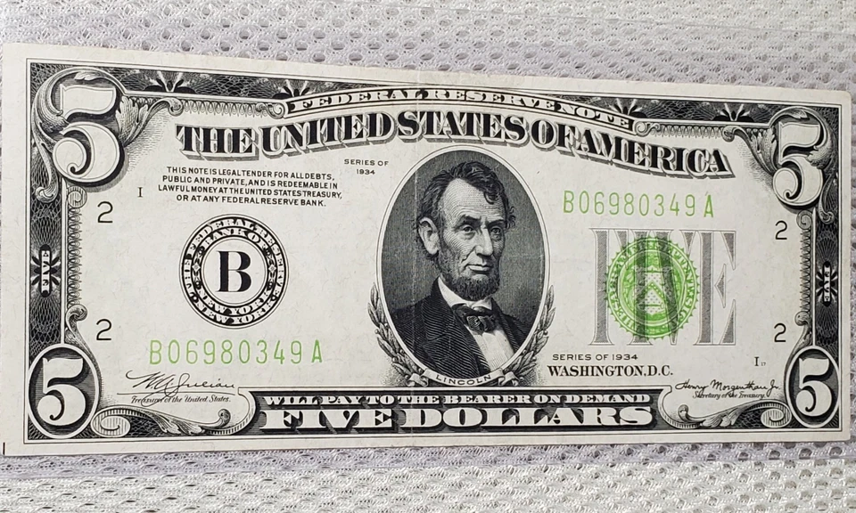 1934 $5 Federal Reserve Note LGS Light Lime Green Seal New York, NY Nice Note - Image 3 of 4