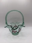 Vintage Hand Painted Fenton Glass Basket Signed Green With Flowers
