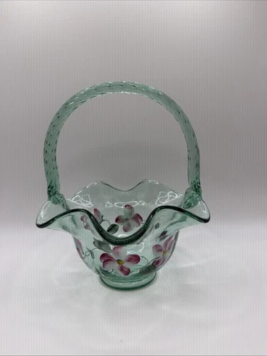 Vintage Hand Painted Fenton Glass Basket Signed Green With Flowers