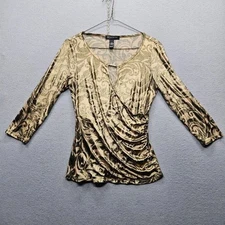 I.N.C Women's Petite Size Small Medium Gold Black 3/4 Sleeve Ruched Top