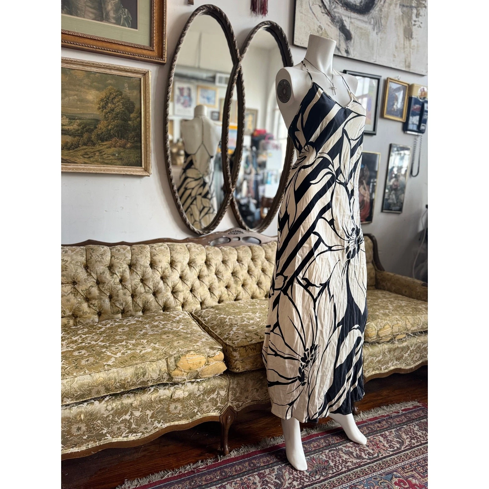 UNDERCOVER Abito Victoria Secret 100% seta nero e panna con schiena elegante taglia media