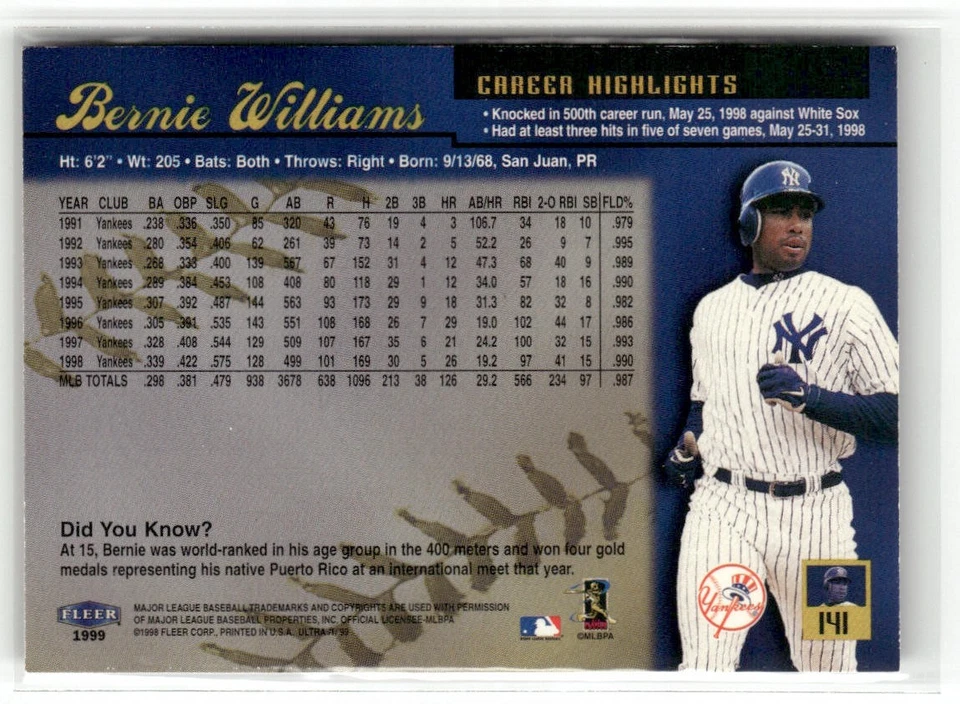 1999 ULTRA #141 BERNIE WILLIAMS NEW YORK YANKEES - Image 2 of 2