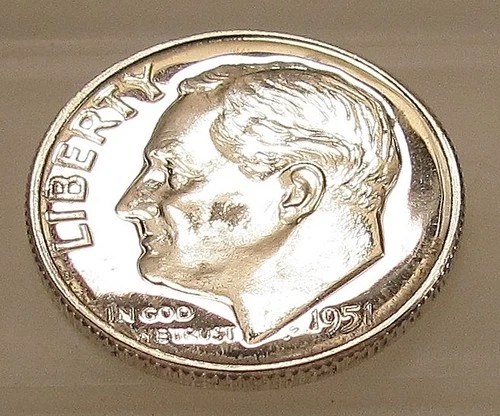 1951  Proof Impaired Dime  90% Silver  Original Luster #126 ~ 10