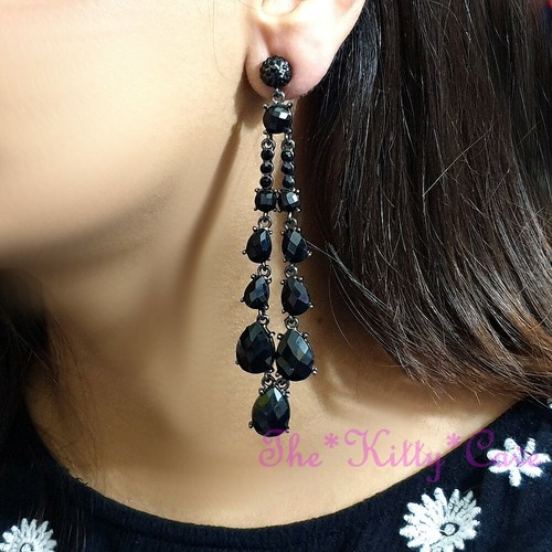Déco Noir de jais dramatique Lustre boucles d'oreilles Avec Cristaux Swarovski - Picture 9 of 12