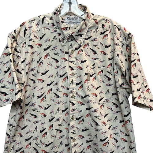 Columbia Shirt Mens Size L Beige Fly Fishing Theme Button Down Casual Hiking - Picture 2 of 15