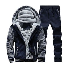 Winter Men Warm Fleece Thick Hooded Coat Jacket Long Pants 2PCS Set Tracksuit