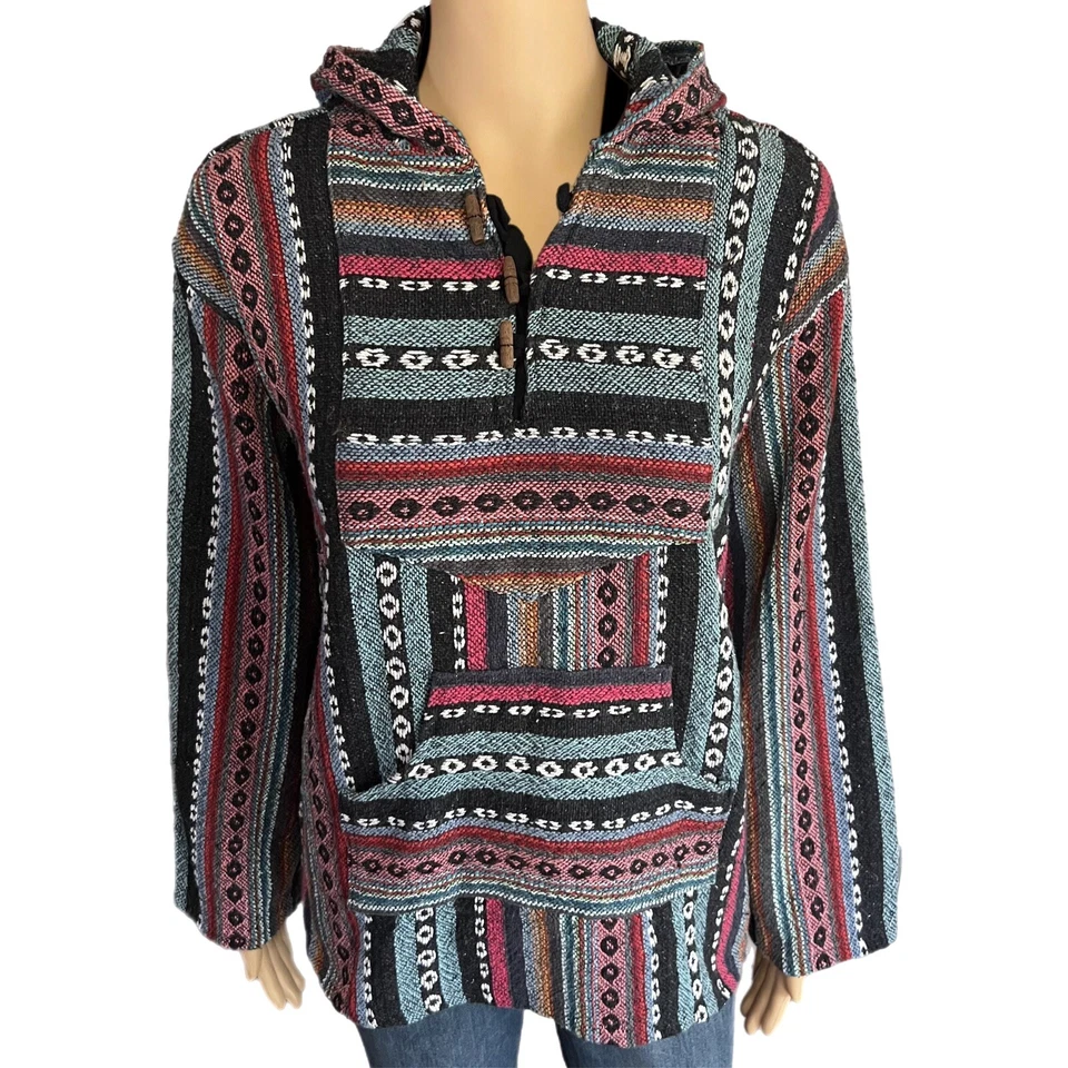 Винтажная толстовка с капюшоном Baja 90-е гранж индийское одеяло племенной пуловер - женская средняя - Изображение 3 из 4