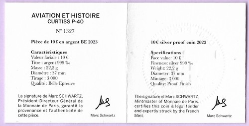 Coffret 10 Euro Argent BE FRANCE 2023 - CURTISS P40 Warhawk (Aviation US), Proof - Picture 11 of 13