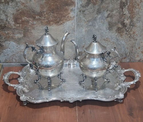 Vintage Birmingham Silver Co Silver Plate Large Serving Platter Coffee Teapots - Picture 18 of 22