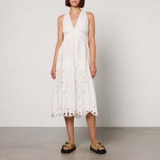 Farm Rio Women's White Broderie Anglaise Linen-Blend Richelieu Maxi Dress Size S