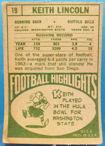 1968 TOPPS FOOTBALL #19 KEITH LINCOLN - Picture 2 of 2