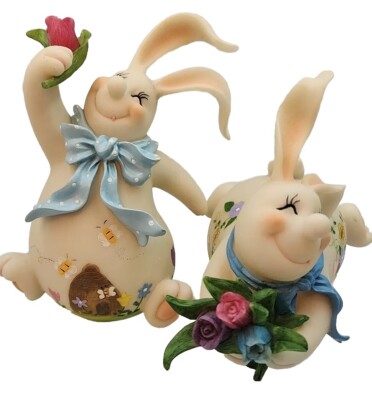 Home Interiors It's Gardening Time & Celebrating Easter Rabbit Figurines 2pc Set